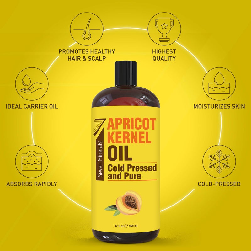 Seven Minerals Pure Cold Pressed Apricot Kernel Oil - Big 32 fl oz Bottle - Non-GMO, Hexane Free, Natural & Lightweight Moisturizer for All Skin Types - Perfect Oil for Massage Therapy & Aromatherapy - Image 1