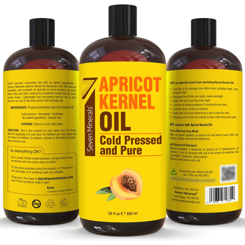 Seven Minerals Pure Cold Pressed Apricot Kernel Oil - Big 32 fl oz Bottle - Non-GMO, Hexane Free, Natural & Lightweight Moisturizer for All Skin Types - Perfect Oil for Massage Therapy & Aromatherapy - Image 3
