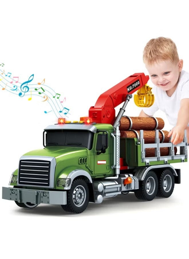 Halamodo Wood Transport Truck Toy Vehicle, Large Size Transportation Truck Toy With Lights And Music , Farm Log Truck Toy with Loading Crane and 6 Logs, Simulation Engineering Vehicle, Friction Power 