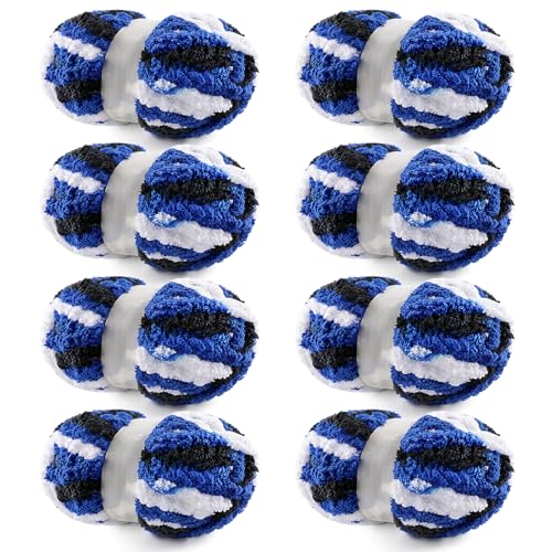 NDICANG 8 Pack Chunky Yarn for Hand Knitting - Chunky Chenille Blanket Yarn for Crocheting and Crochet with Jumbo Fluffy Super Bulky 25 yds 7.7 oz Each Skein (Black White Blue 8Pack) - Image 1