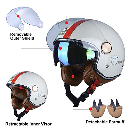 BEON Half 3/4 Face Motorcycle Helmet, DOT Approved, Retro Vintage Style, Dual Visors Men’s and Women’s Motorbike Casco for Moped Cruiser Bobber and Chopper (XL, Glossy Milky White) - Image 5