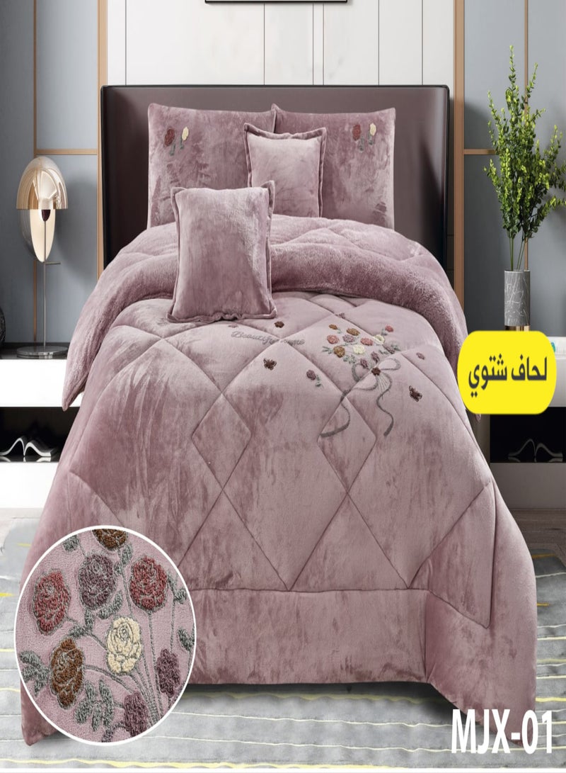 Moon Luxury Double-Sided Winter Bedding Set for Double Bed – Velvet Embroidered Comforter on One Side and Warm Fur on the Other – 6-Piece Set (1 Comforter + 1 Fitted Sheet + 2 Pillow Covers + 2 Decorative Cushion Covers) – Suitable for 200×200 cm Bed - Image 1