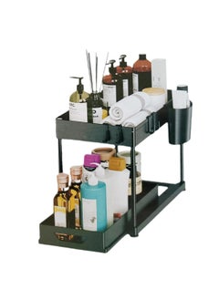Magic Park 1 Pack Black 2-Tier Under Sink Organizer Sliding Bathroom Cabinet Organizer with Hooks Under The Sink Organizer Kitchen  - Image 1