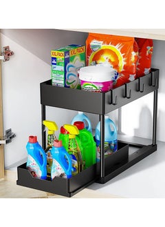 Magic Park 1 Pack Black 2-Tier Under Sink Organizer Sliding Bathroom Cabinet Organizer with Hooks Under The Sink Organizer Kitchen  - Image 3