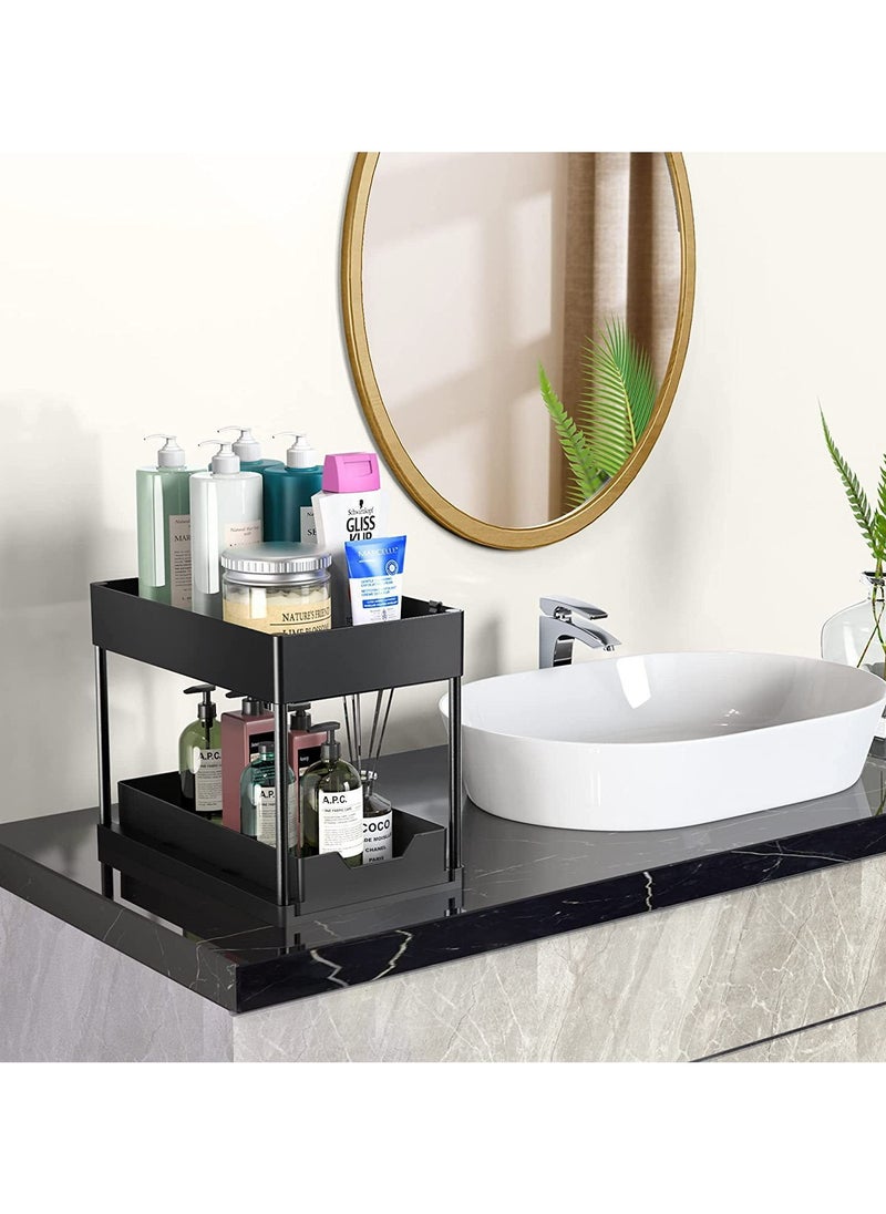 Magic Park 1 Pack Black 2-Tier Under Sink Organizer Sliding Bathroom Cabinet Organizer with Hooks Under The Sink Organizer Kitchen  - Image 2