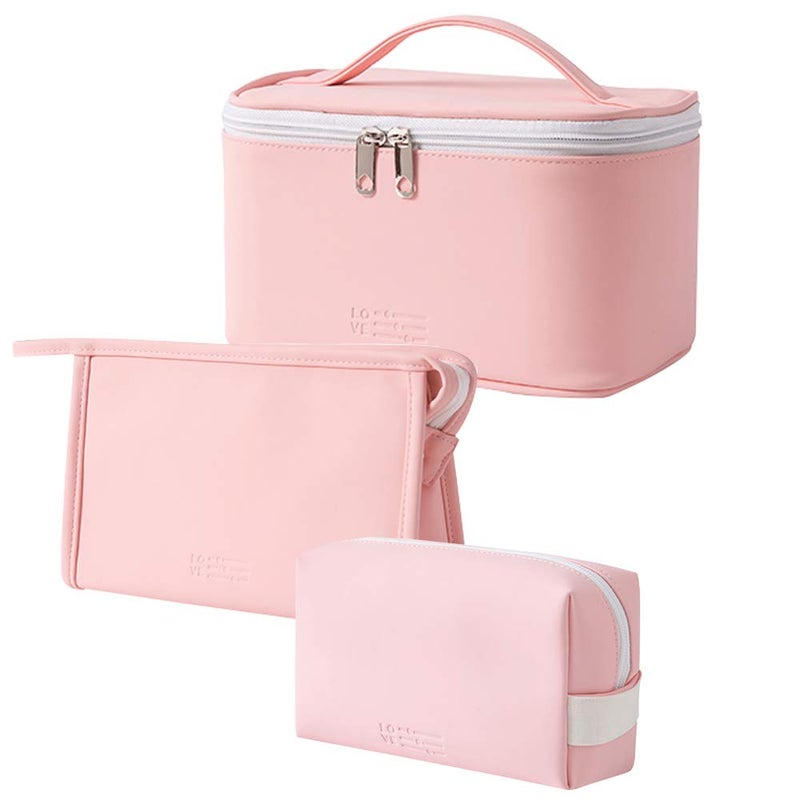 FITINI 3 Pack Makeup Bag Sets Travel Large Toiletry Bag Portable Cosmetic Zipper Pouch with Brush Organizer Waterproof Small Storage Case for Women and GirlsLight Pink