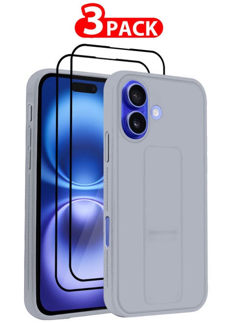 (for Apple iPhone 16 Plus) 3Packs (1Case, 2Screen Protectors), Case  PU Leather Back Cover Stand Function Finger Grip Case Cover with Shock Proof Screen Protector / Grey