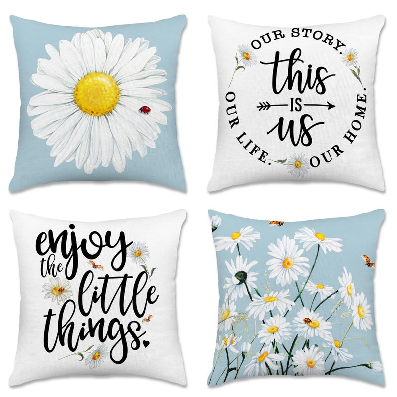 Hexagram Spring Summer Pillow Covers 18x18 Set of 4, Floral Daisy Outdoor Decorative Throw Pillow Covers, Blue Farmhouse Cushion Case for Couch Sofa Living Room Bedroom Home Indoor Decor(No Insert) - Image 1