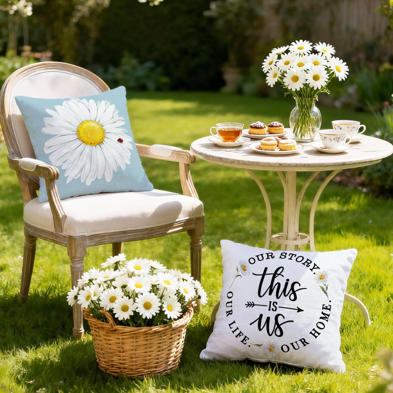 Hexagram Spring Summer Pillow Covers 18x18 Set of 4, Floral Daisy Outdoor Decorative Throw Pillow Covers, Blue Farmhouse Cushion Case for Couch Sofa Living Room Bedroom Home Indoor Decor(No Insert) - Image 5