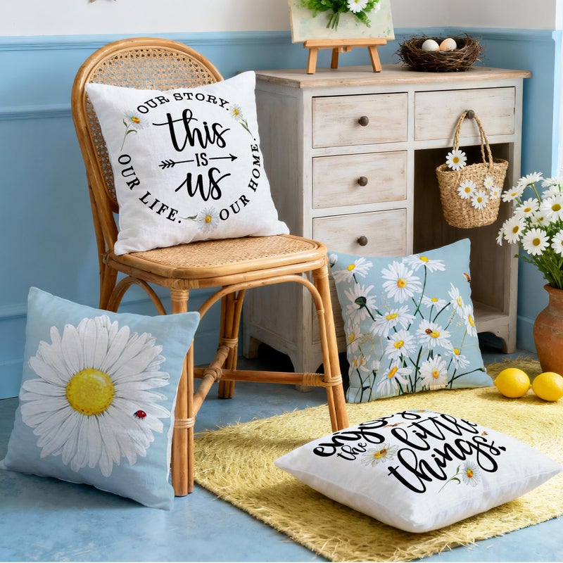 Hexagram Spring Summer Pillow Covers 18x18 Set of 4, Floral Daisy Outdoor Decorative Throw Pillow Covers, Blue Farmhouse Cushion Case for Couch Sofa Living Room Bedroom Home Indoor Decor(No Insert) - Image 3