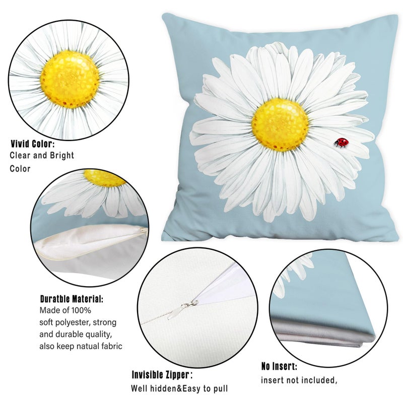 Hexagram Spring Summer Pillow Covers 18x18 Set of 4, Floral Daisy Outdoor Decorative Throw Pillow Covers, Blue Farmhouse Cushion Case for Couch Sofa Living Room Bedroom Home Indoor Decor(No Insert) - Image 4