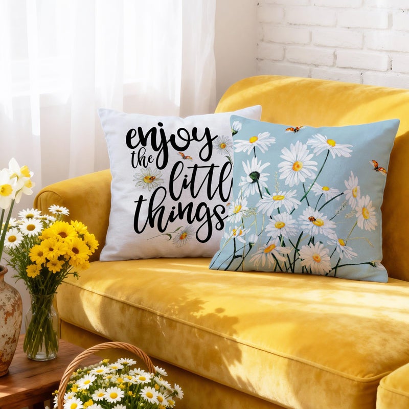 Hexagram Spring Summer Pillow Covers 18x18 Set of 4, Floral Daisy Outdoor Decorative Throw Pillow Covers, Blue Farmhouse Cushion Case for Couch Sofa Living Room Bedroom Home Indoor Decor(No Insert) - Image 2