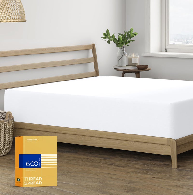 THREAD SPREAD 100 Egyptian Cotton Full Size Fitted Sheet Only 600 Thread Count 16 Deep Pocket Full Size Fitted Sheet Soft Cooling Sateen Weave No PopOff Elastic Bottom Sheet for Adults White