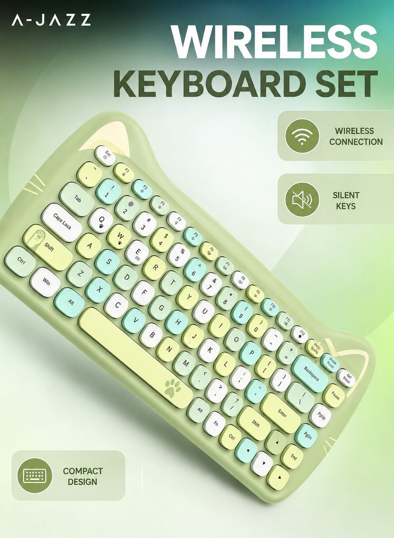 A-jazz 3060i Wireless Bluetooth Cat Keyboard, Cute Retro Silent Keyboard with Round Keys, 3-Device Connection, 10m Wireless Range for PC, Laptop, Mac, Tablet & Phone – Green - Image 1