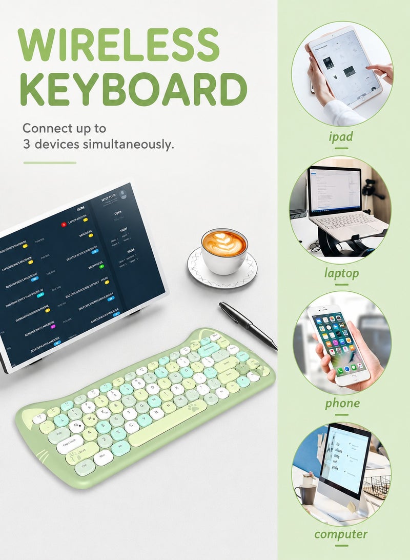 A-jazz 3060i Wireless Bluetooth Cat Keyboard, Cute Retro Silent Keyboard with Round Keys, 3-Device Connection, 10m Wireless Range for PC, Laptop, Mac, Tablet & Phone – Green - Image 2