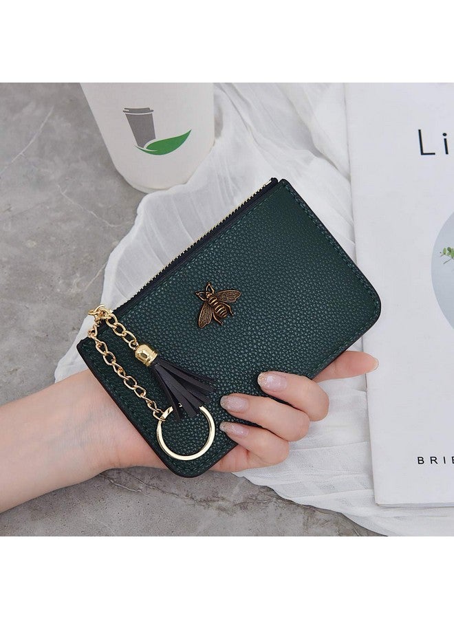AnnabelZ Women'S Coin Purse Change Wallet Pouch Leather Card Holder With Key Chain Tassel Zip (Dark Green) - Image 2