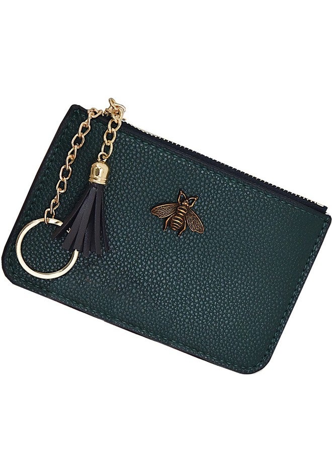 AnnabelZ Women'S Coin Purse Change Wallet Pouch Leather Card Holder With Key Chain Tassel Zip (Dark Green) - Image 1