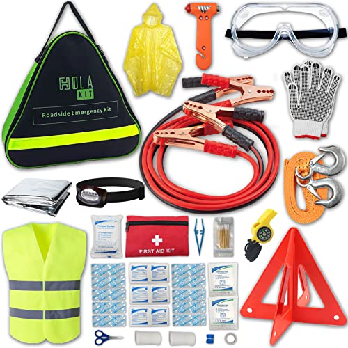HolaKit Auto Emergency Kit, 55-Piece Car Emergency Roadside Kit with Jumper Cables, First Aid Kit, Safety Hammer, Goggles, Tow Ropes and More Ideal Car Essential Accessories for Women and Men - Image 1