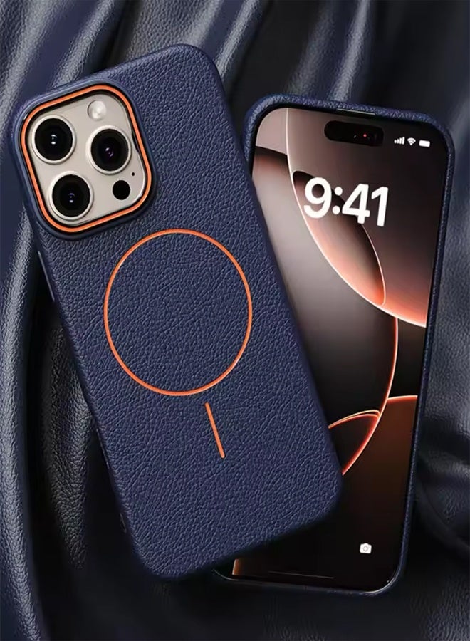 جراب هاتف أيفون ماج سيف لهاتف iPhone 16 Pro  جراب جلد بإطار مطاطي عالي الجودة وجراب جلدي رفيع بنمط الليتشي مع حماية عدسة الكاميرا وغطاء مقاوم للصدمات ويدعم الشحن اللاسلكي وغطاء جلدي لهاتف iPhone 16 Pro - أزرق/برتقالي - Image 2