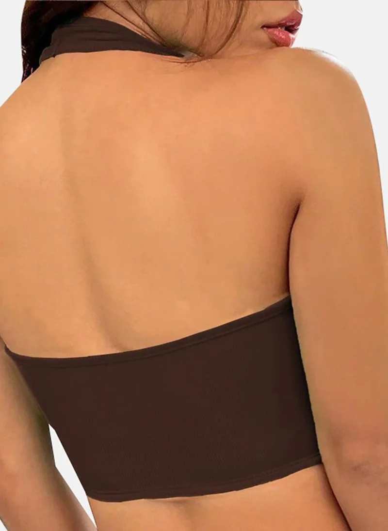YUNIQEE Brown Solid Slim Fit Sleeveless Top