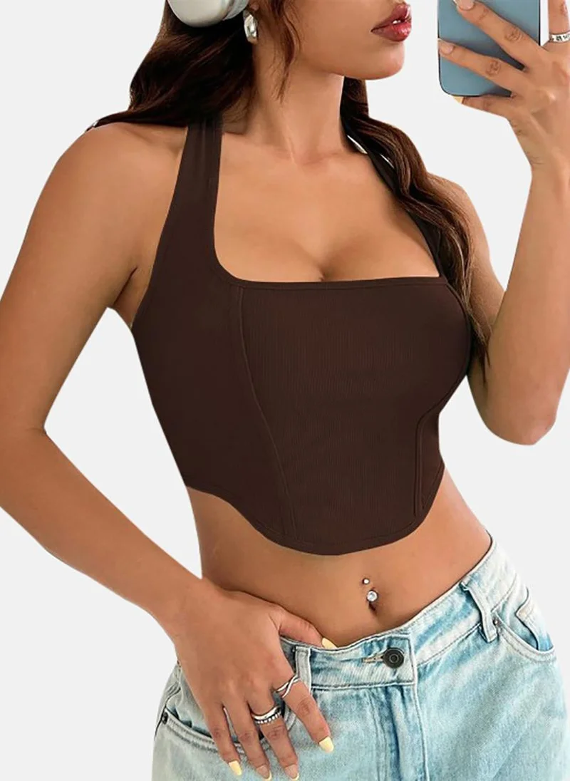 YUNIQEE Brown Solid Slim Fit Sleeveless Top