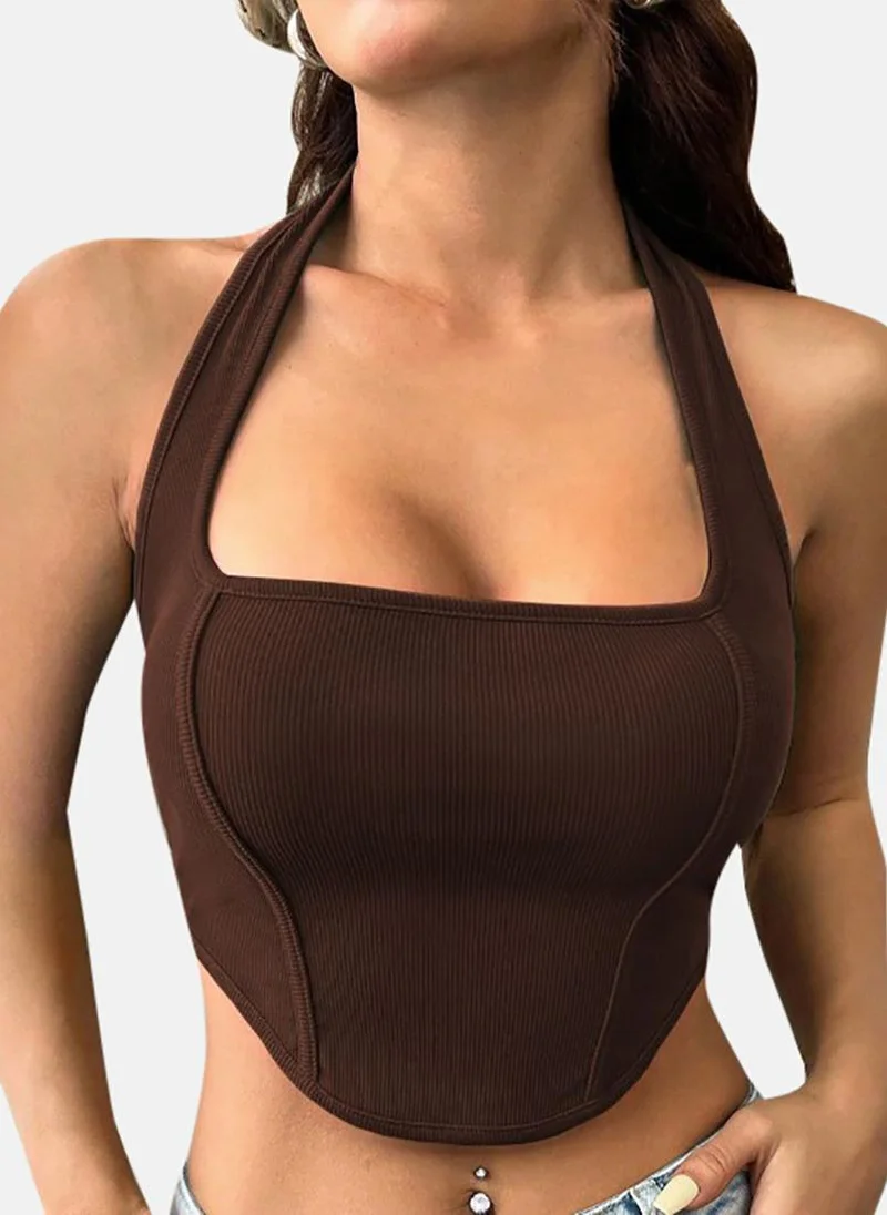 YUNIQEE Brown Solid Slim Fit Sleeveless Top