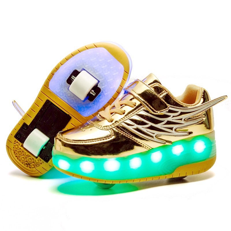 Generic Colorful Lighting Roller Skates For Children Double Wheel Charging Buckle Slide Shoes Winter Sports Shoes Running Shoes Gold 