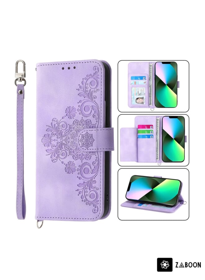 Zaboon Protective Case For iPhone 12 Pro Max Skin-feel Flowers Embossed Wallet Leather - Image 1