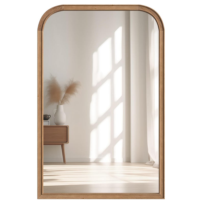 Acovy مرآة حمام أكوفي 24"x36" من الخشب الصلب زجاج مقسى للتثبيت على الحائط، إطار خشبي ريفي مرآة زخرفية لغرفة النوم وغرفة المعيشة ومرآة الزينة ومرآة المدخل، بني - Image 1