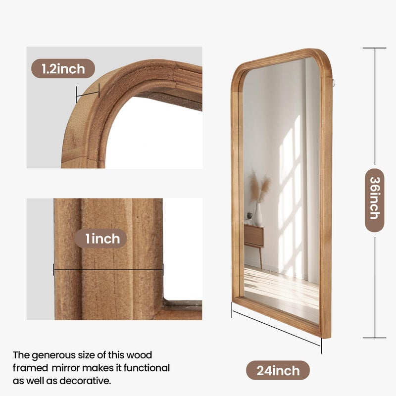 Acovy مرآة حمام أكوفي 24"x36" من الخشب الصلب زجاج مقسى للتثبيت على الحائط، إطار خشبي ريفي مرآة زخرفية لغرفة النوم وغرفة المعيشة ومرآة الزينة ومرآة المدخل، بني - Image 4