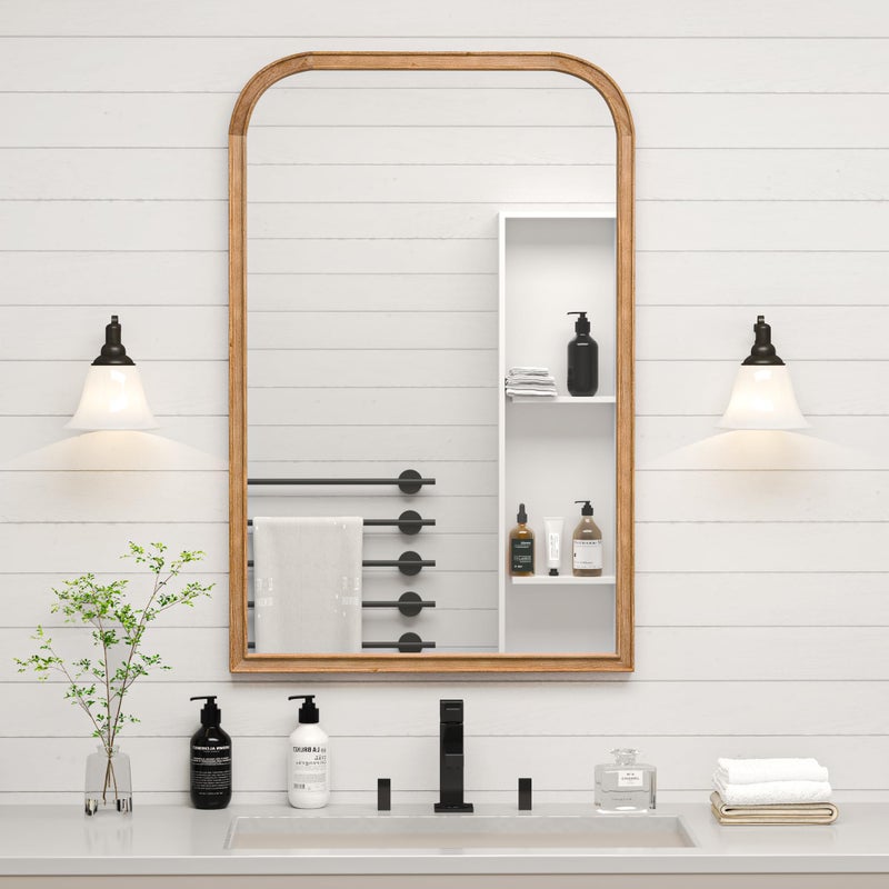 Acovy مرآة حمام أكوفي 24"x36" من الخشب الصلب زجاج مقسى للتثبيت على الحائط، إطار خشبي ريفي مرآة زخرفية لغرفة النوم وغرفة المعيشة ومرآة الزينة ومرآة المدخل، بني - Image 2