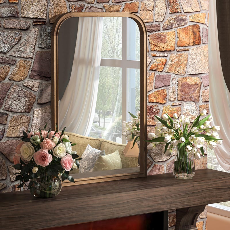 Acovy مرآة حمام أكوفي 24"x36" من الخشب الصلب زجاج مقسى للتثبيت على الحائط، إطار خشبي ريفي مرآة زخرفية لغرفة النوم وغرفة المعيشة ومرآة الزينة ومرآة المدخل، بني - Image 3