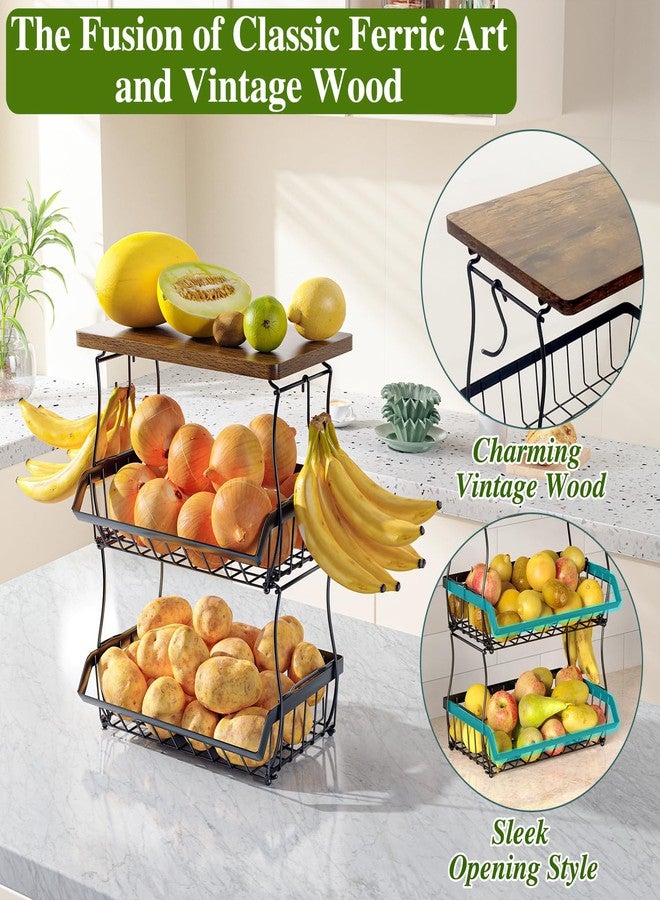 OKZEST 3-Tier Fruit Basket for Kitchen Counter with Banana Hangers, Countertop Organizer Fruit Bowls with Wood Top, Fruit Storage Basket Stand for Storage Potato Onion Bread Snack Fruit Veggie - Image 4