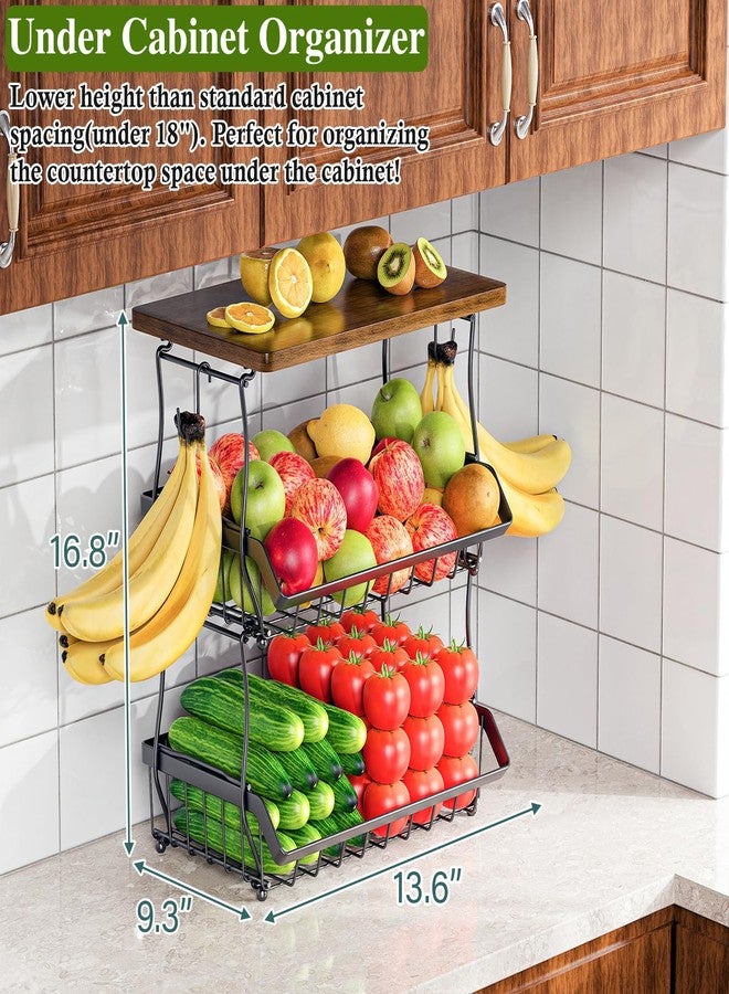 OKZEST 3-Tier Fruit Basket for Kitchen Counter with Banana Hangers, Countertop Organizer Fruit Bowls with Wood Top, Fruit Storage Basket Stand for Storage Potato Onion Bread Snack Fruit Veggie - Image 2