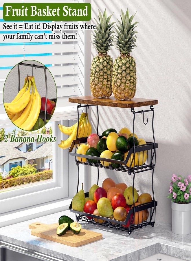 OKZEST 3-Tier Fruit Basket for Kitchen Counter with Banana Hangers, Countertop Organizer Fruit Bowls with Wood Top, Fruit Storage Basket Stand for Storage Potato Onion Bread Snack Fruit Veggie - Image 3