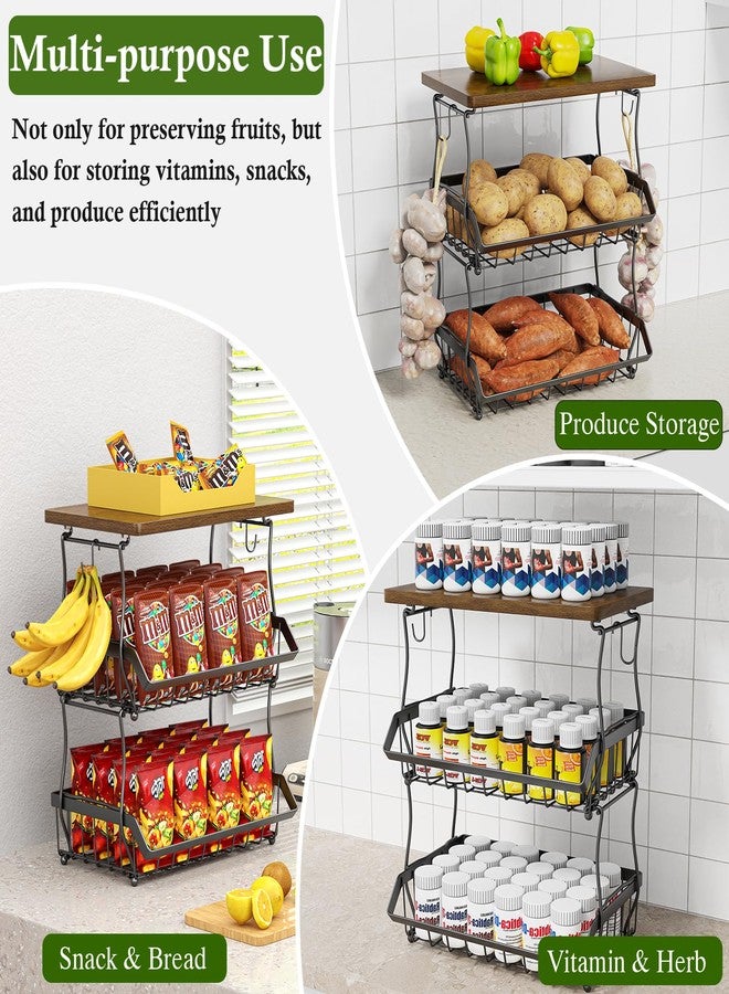 OKZEST 3-Tier Fruit Basket for Kitchen Counter with Banana Hangers, Countertop Organizer Fruit Bowls with Wood Top, Fruit Storage Basket Stand for Storage Potato Onion Bread Snack Fruit Veggie - Image 5
