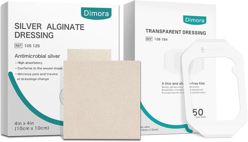 Dimora Upgrade Silver Calcium Alginate Wound Dressing 4 x 4 Patches 5 Packs Dimora Transparent Film Dressing 50 Packs - Image 1