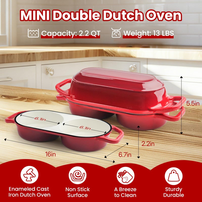 YONILL Mini Double Dutch Oven for Sourdough Bread Baking - Enameled Cast Iron Dutch Oven Pot with Lid and 5" Banneton Bread Proofing Basket Kit, Dual Round Bread Loaf Pan for Homemade Baking (Red) - Image 3