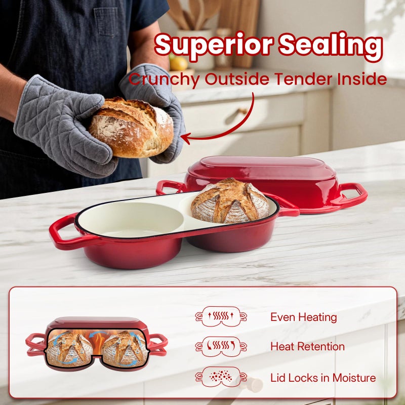 YONILL Mini Double Dutch Oven for Sourdough Bread Baking - Enameled Cast Iron Dutch Oven Pot with Lid and 5" Banneton Bread Proofing Basket Kit, Dual Round Bread Loaf Pan for Homemade Baking (Red) - Image 4