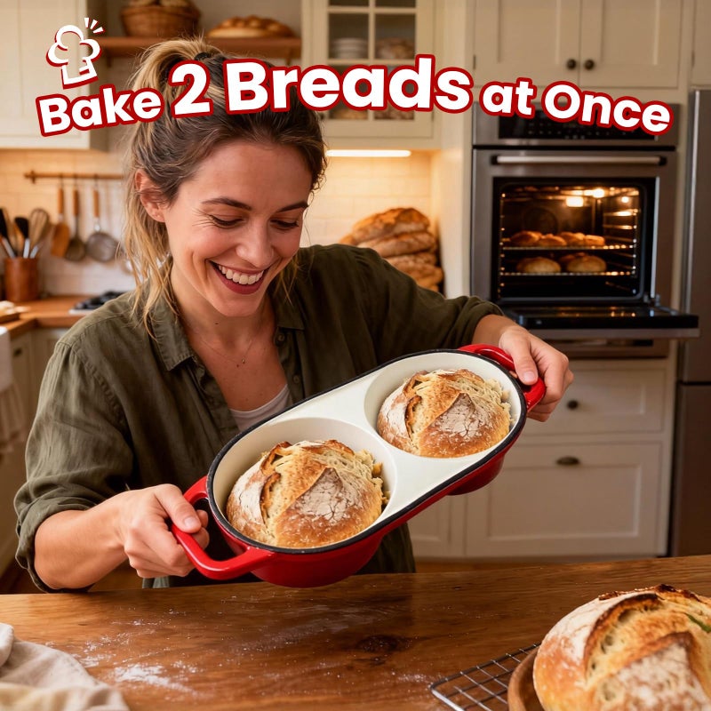 YONILL Mini Double Dutch Oven for Sourdough Bread Baking - Enameled Cast Iron Dutch Oven Pot with Lid and 5" Banneton Bread Proofing Basket Kit, Dual Round Bread Loaf Pan for Homemade Baking (Red) - Image 2