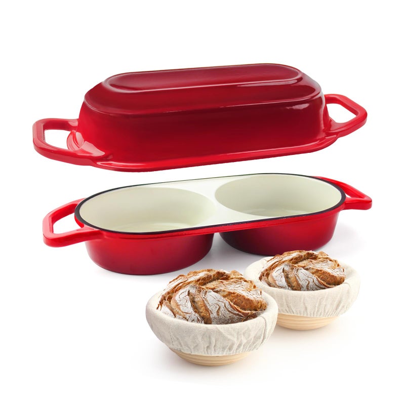 YONILL Mini Double Dutch Oven for Sourdough Bread Baking - Enameled Cast Iron Dutch Oven Pot with Lid and 5" Banneton Bread Proofing Basket Kit, Dual Round Bread Loaf Pan for Homemade Baking (Red) - Image 1