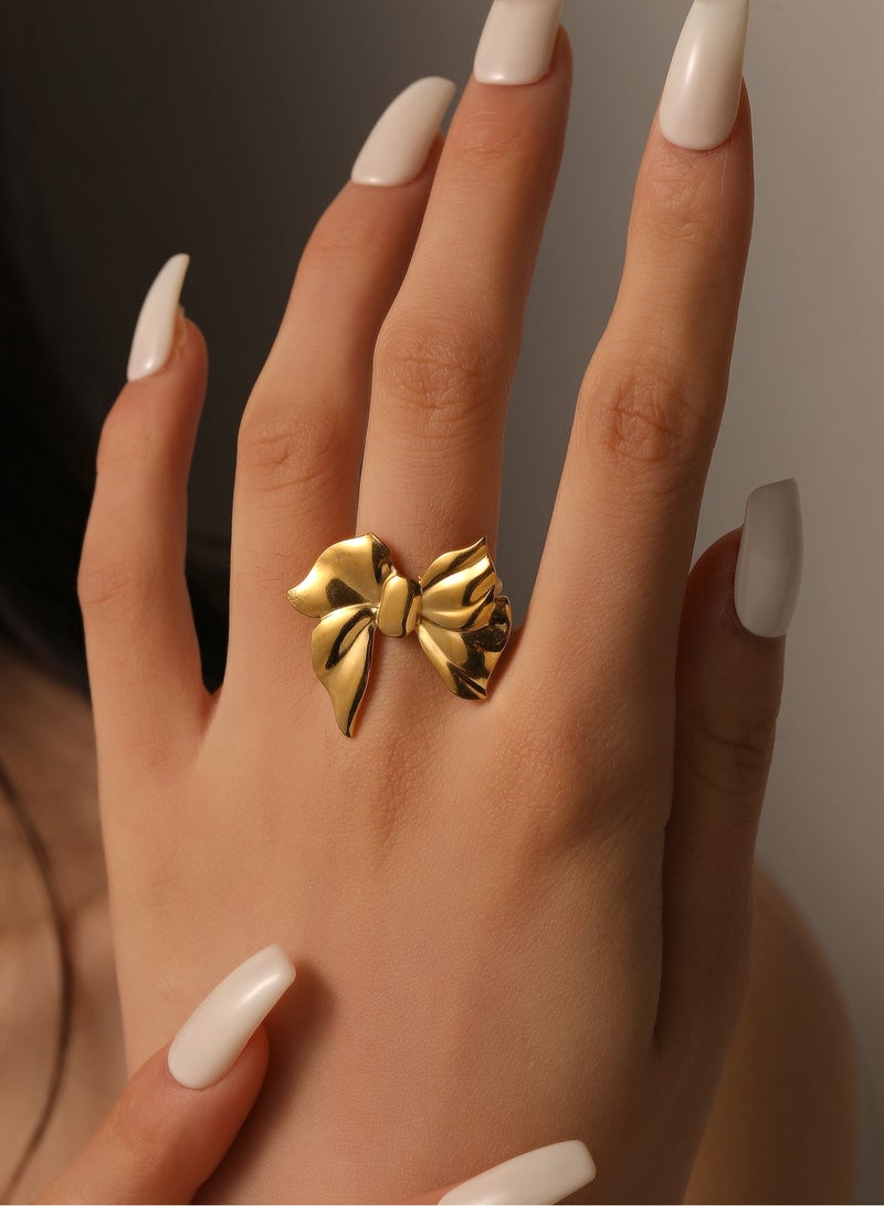 Coisinlia Elegant Gold Bow Statement Ring, Double Band Design, Metallic Finish - Image 3