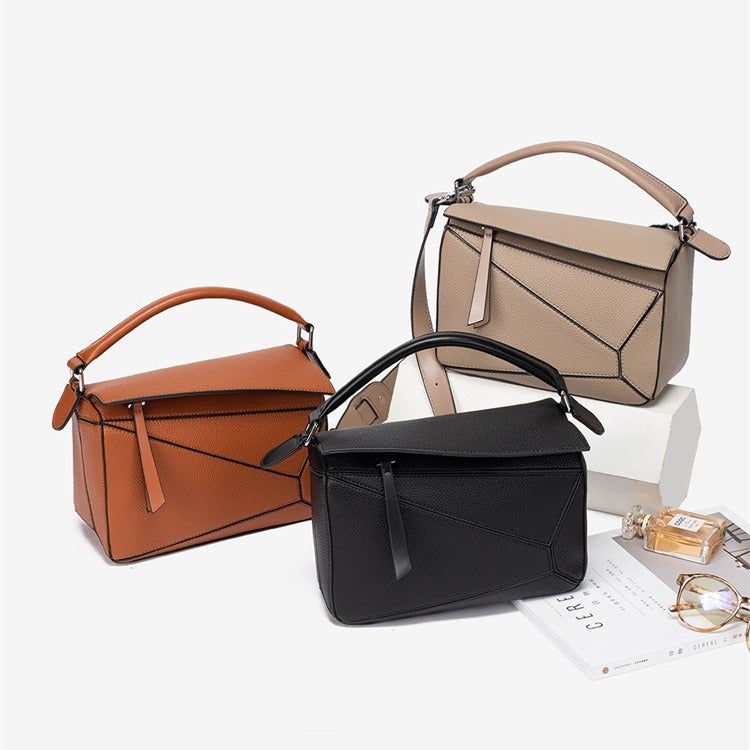 Simple Handheld Geometric Bag All-Match Stitching Litchi Pattern Crossbody Bag Lightweight Large Capacity Doctor Bag - Image 3