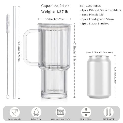 INSETLAN 24oz Ribbed Glass Tumbler with Handle Lid 4Pack Large Iced Coffee Cups with Straws Modern Glass Mug for Cold Hot Beverages Aesthetic Travel Cup for Smoothies Tea and Juice - Image 3
