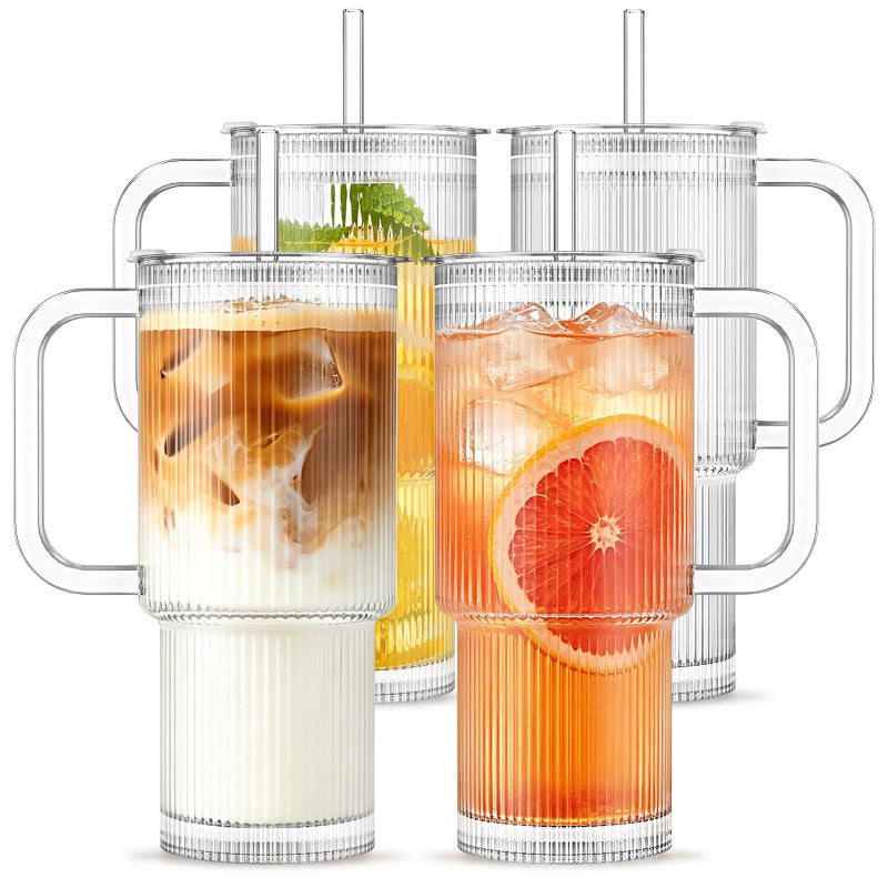 INSETLAN 24oz Ribbed Glass Tumbler with Handle Lid 4Pack Large Iced Coffee Cups with Straws Modern Glass Mug for Cold Hot Beverages Aesthetic Travel Cup for Smoothies Tea and Juice - Image 2