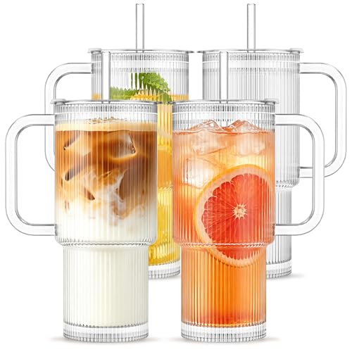 INSETLAN 24oz Ribbed Glass Tumbler with Handle Lid 4Pack Large Iced Coffee Cups with Straws Modern Glass Mug for Cold Hot Beverages Aesthetic Travel Cup for Smoothies Tea and Juice - Image 1