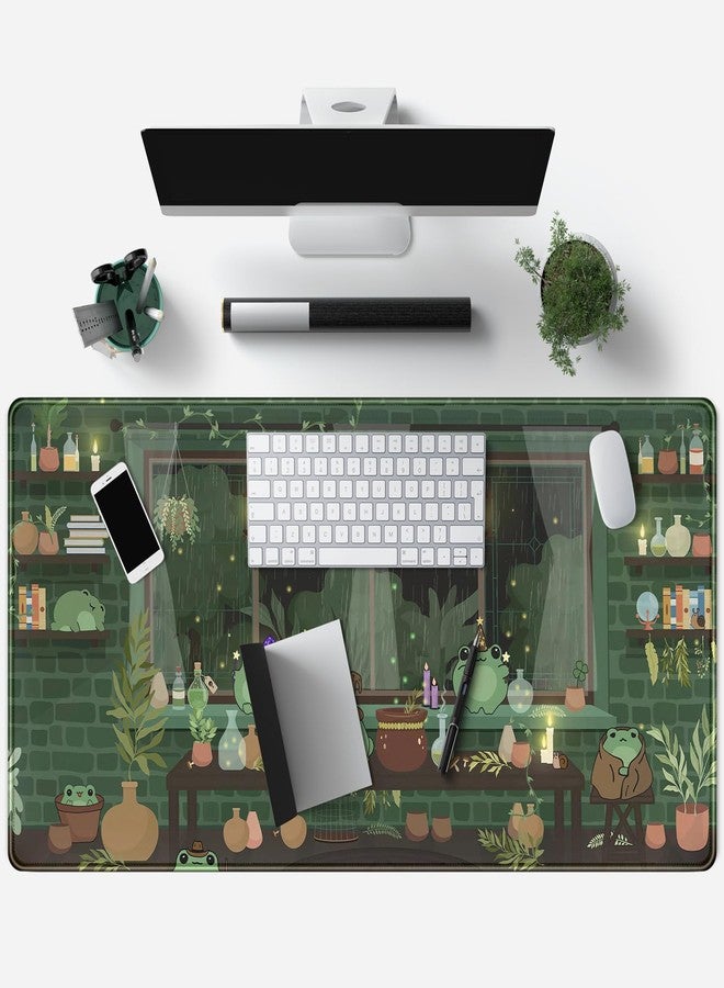 Mechanical Cattle Cute Desk Mat Kawaii Frog Mouse Pad Green Desk Anime Mat Large Gaming Mouse Pad Desk Computer Keyboard Pad Desk Home Office Accessories Girl Stitched Eges (31.5x15.7 in) WER236 - Image 3