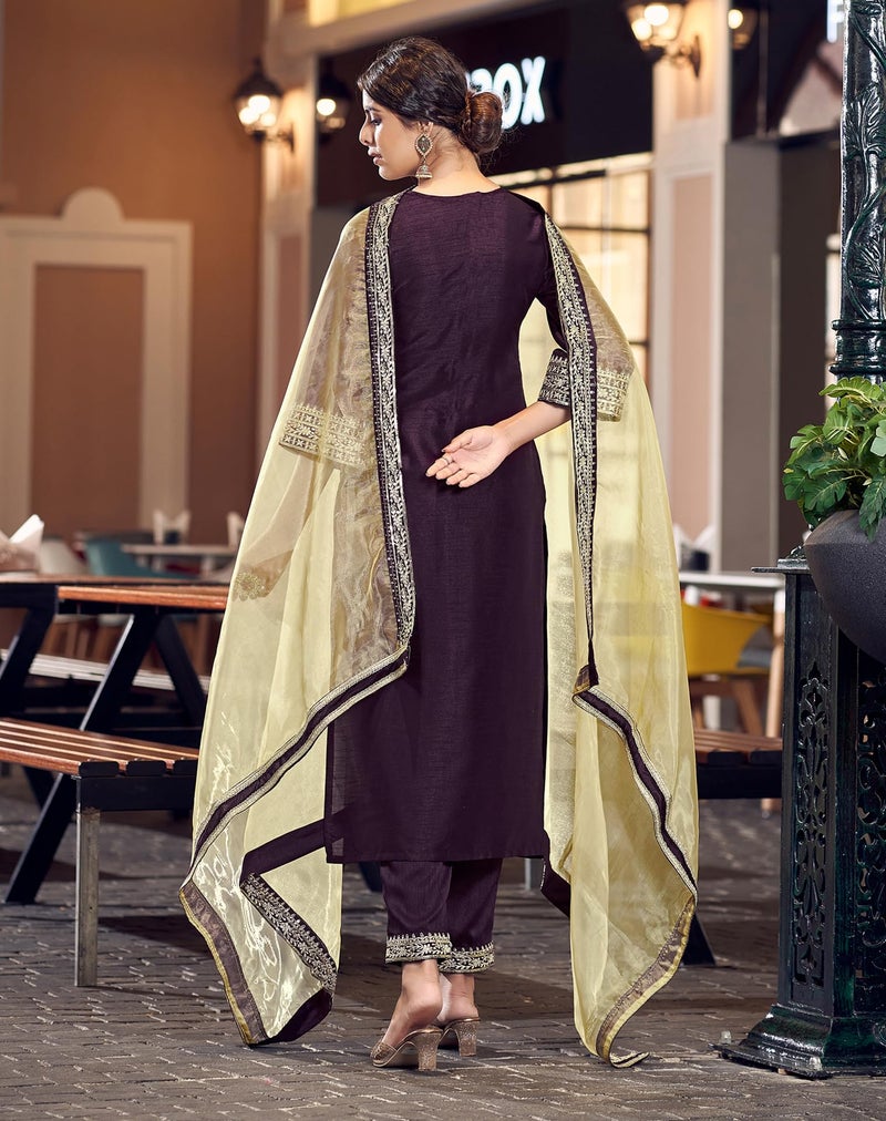 SIRIL Women's Rayon Viscose Embroidered Straight Kurta Pant with Dupatta Set (104KBD1133-M_Wine) - Image 2
