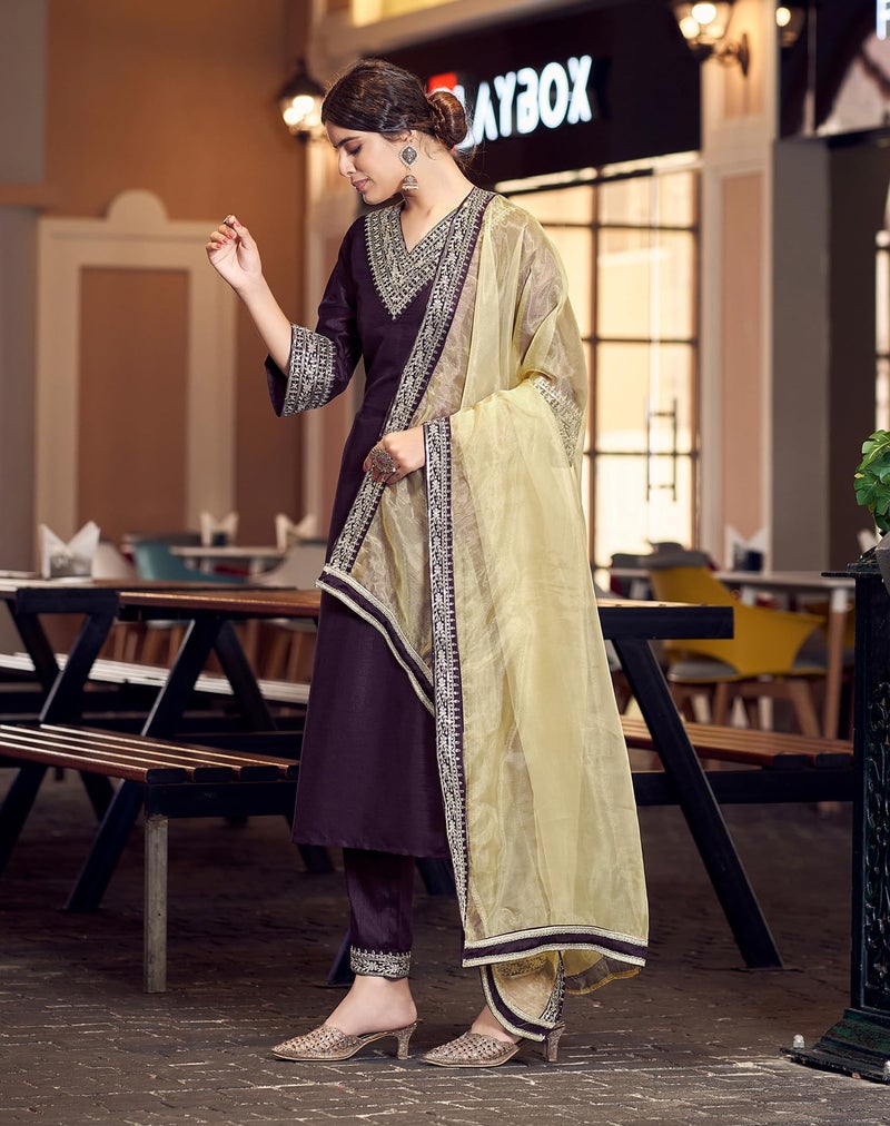 SIRIL Women's Rayon Viscose Embroidered Straight Kurta Pant with Dupatta Set (104KBD1133-M_Wine) - Image 3