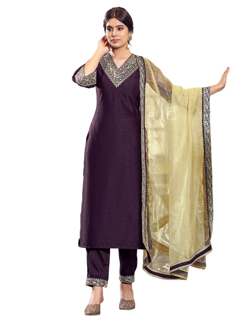 SIRIL Women's Rayon Viscose Embroidered Straight Kurta Pant with Dupatta Set (104KBD1133-M_Wine) - Image 1